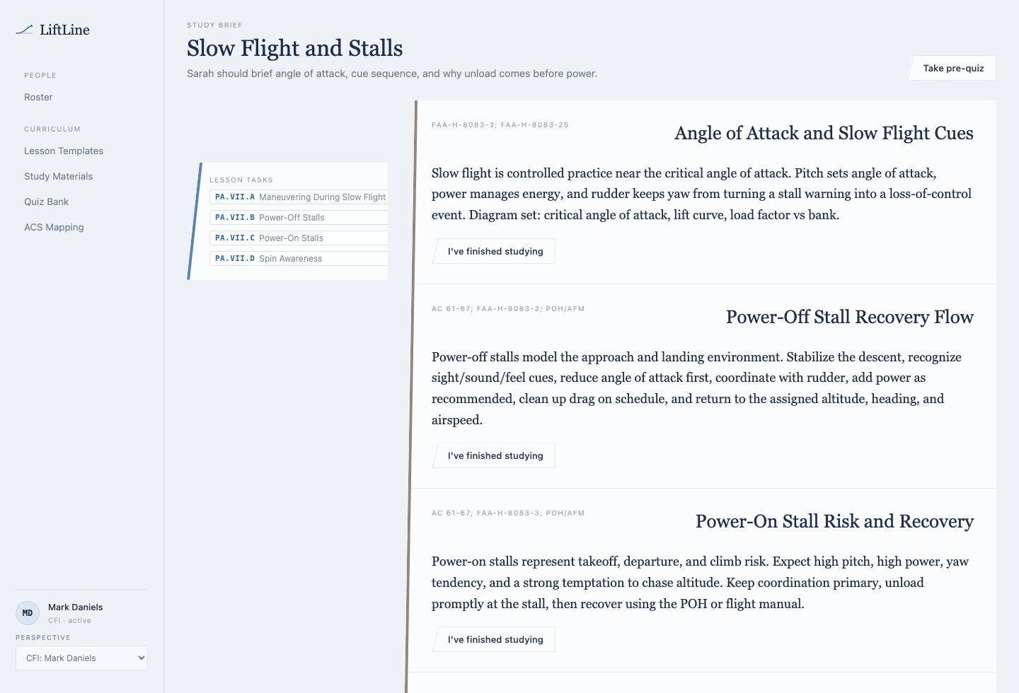 LiftLine student study screen showing assigned prep for slow flight and stalls.